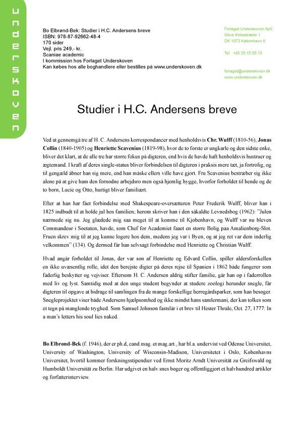 Bo Elbrønd-Bek: Studier i H.C. Andersens breve