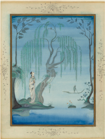 Illustration to The Nightingale, “And when I get back  and am tired, and rest in the wood, then I hear the  Nightingale sing.”. Kay Nielsen (Danish, 1886–1957),  1923.